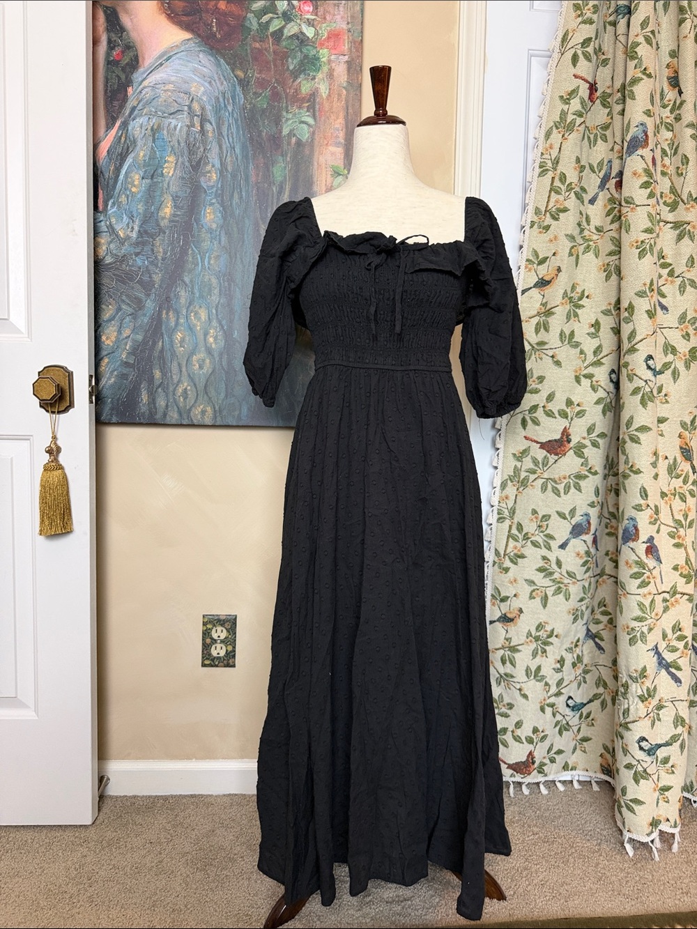 Black Smocked Bodice Renaissance Faire Peasant Maxi Dress